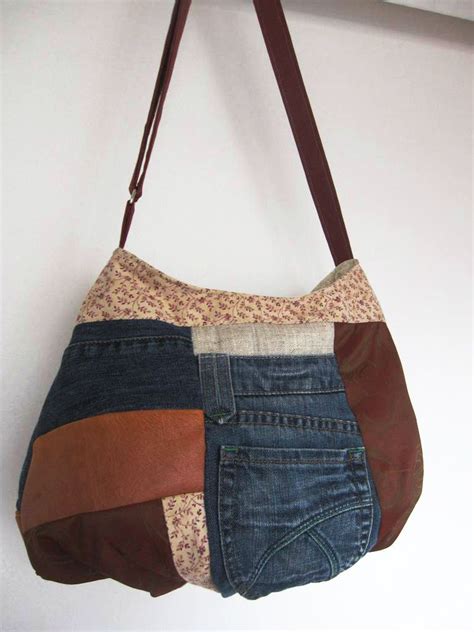 Sac Jean Cuir Recycl Denim Upcycling Sac Patchwork Country Chic Sac