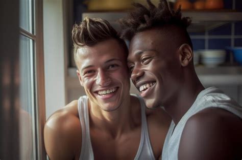 Feliz Y Sexy Pareja Gay Joven Cocinando Comida Juntos En Casa Foto Premium