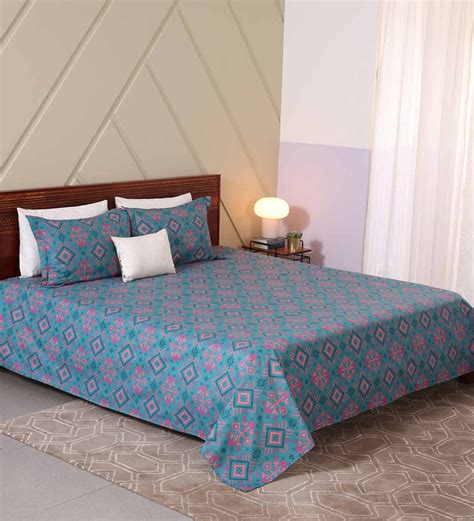 Buy Green Geometric 120 Tc Cotton Double Bedsheet 2 Pillow Cover Mystic