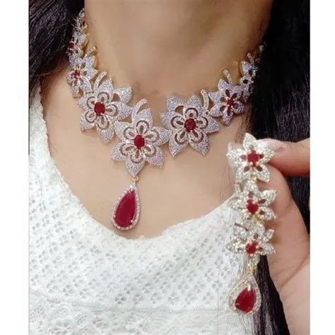 Anshi Art American Diamond And Red Stone Necklace Set Size Adjustable