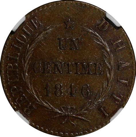 43 1 Centime Haiti Copper 1846 AN NGC AU55 BN Small Cap Variety KM 24