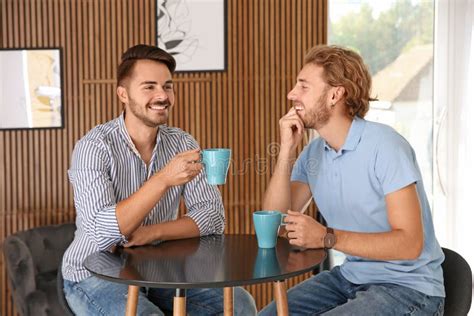 Happy Gay Couple With Coffee Stock Photo Image Of Happy Dating