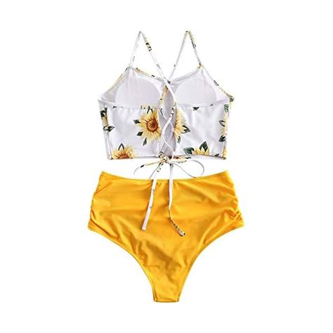 ZAFUL Womens Sexy Sunflower Print Lace Up Crisscross High Cut Bikini