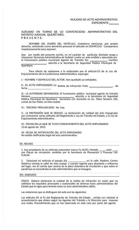 Pdf Demanda De Nulidad Multa De Transito En Qro VII HECHOS VIII