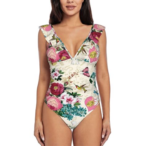 Bingfone Bird Butterfly Rose Print Women Ruffle One Piece Swimsuit