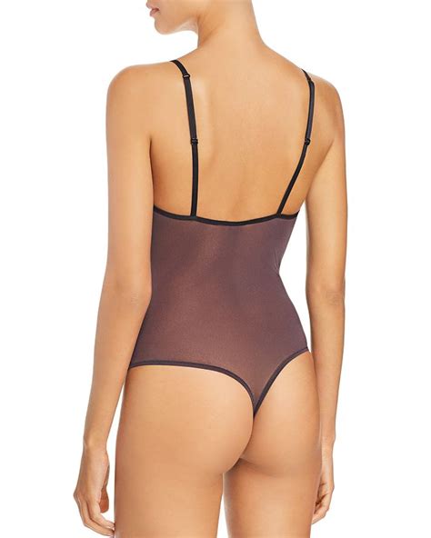 Cosabella Mixed Mesh Plunge Neck Thong Bodysuit In Graph Black Black Modesens