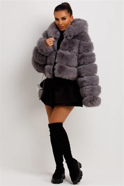 Womens Grey Faux Fur Coat With Hood Uk