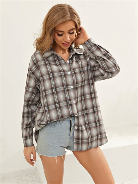 Shein Essnce Plaid Print Button Front Overshirt Shein Usa