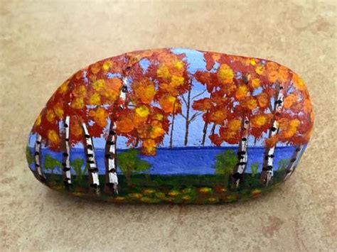 Fall Landscape Painted Rock Lake Painted Rock Stone Art Etsy Fall