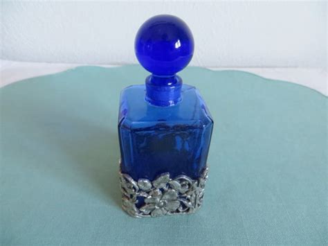 Vintage Glass Perfume Bottle Cobalt Blue Floral Silver Metal Etsy