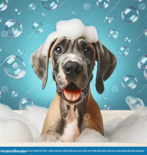 Happy Little Great Dane Dog In Bath With Foam And Bubbles On Solid Blue