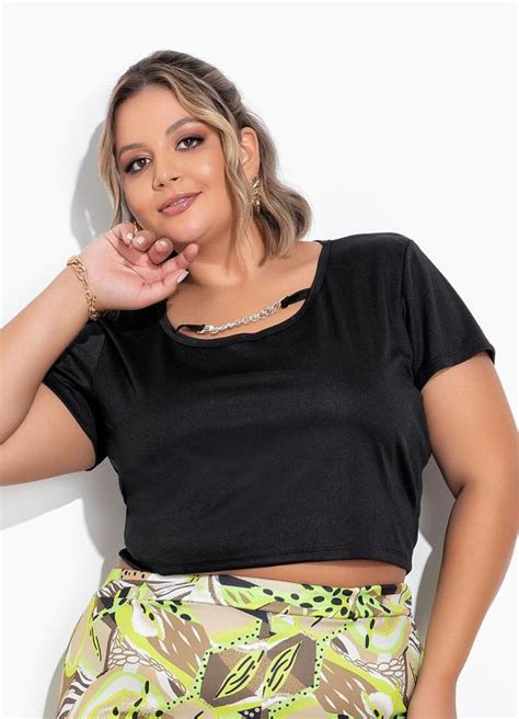 Cropped Preto Corrente Na Barra Plus Size Marguerite