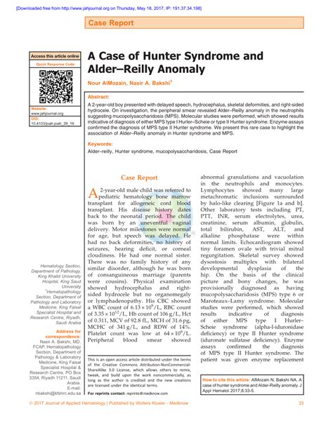 (PDF) A case of hunter syndrome and Alder-Reilly anomaly