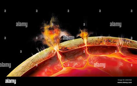 Volcanoes on Io, illustration. Io, the third largest of the moons of ...