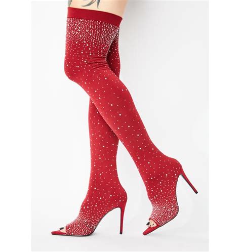 Thigh High Boots Rhinestone Stiletto Heels Peep Toes Red Dolls Kill