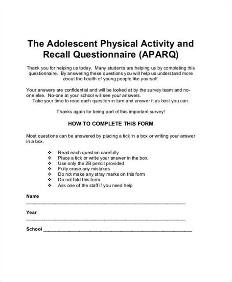 Physical Activity Questionnaire 8 Examples Pdf