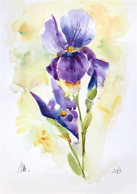 Aquarelle Originale Iris Violet Des Jardins Peinture Fleur Etsy