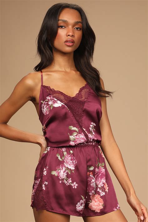 Plum Floral Satin Romper Lace Satin Romper Lingerie Romper Lulus