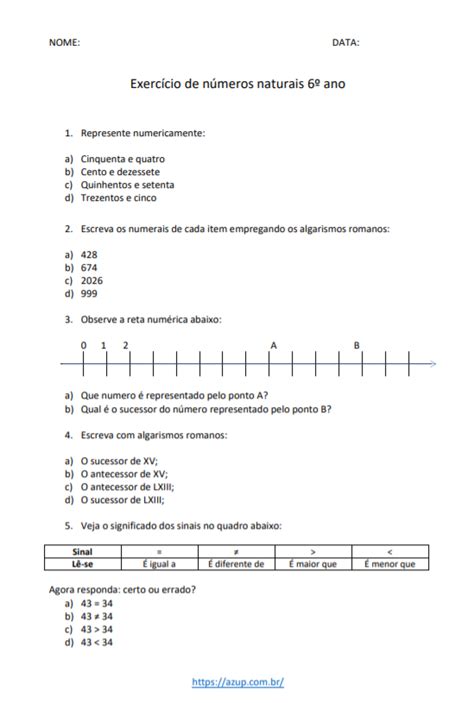 Exercícios de Matemática 6º ano Ensino Fundamental