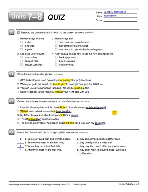 Test unit 7 and 8 Inglés Interchange Assessment Material 2