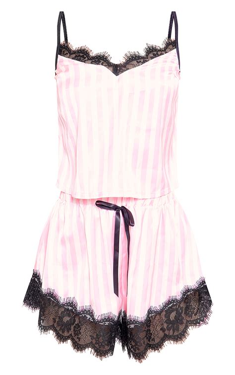 Pink Stripe Contrast Lace Satin Cami Short Pj Set Lingerie