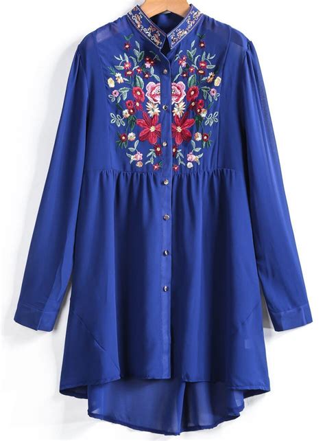 Blue Long Sleeve Embroidered Dipped Hem Blouse Shein Sheinside