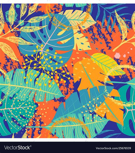 Seamless Pattern With Tropical Leaves And Textures