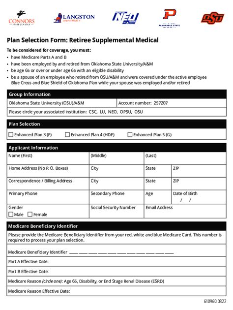 Fillable Online Hr Okstate Plan Selection Form Retiree Supplemental