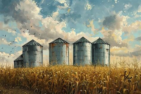 Four Silver Silos In Corn Field Premium Ai Generated Image