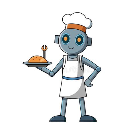 robot chef serving food   plate illustration cartoon style stock