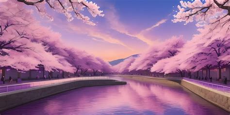 Premium AI Image | Anime Cherry Blossom Forest Scenic Japanese Pink Sakura Trees Mount Fuji lake ...