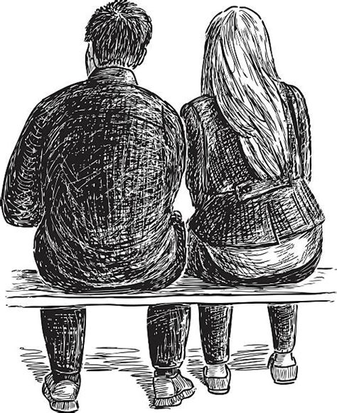 Drawing Of Two People Sitting On A Bench Illustrations Royalty Free