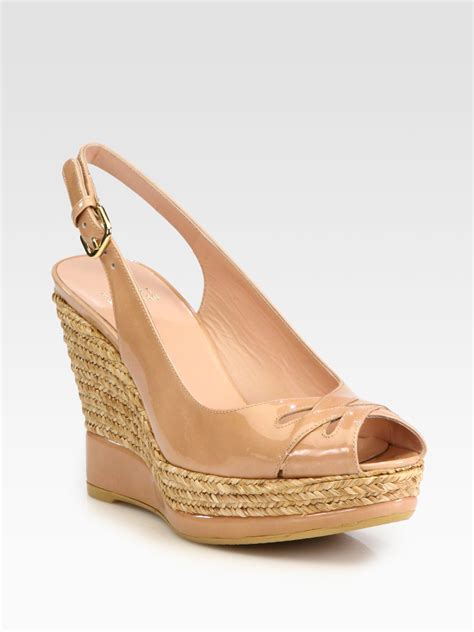 Stuart Weitzman Dolunch Patent Leather Espadrille Wedge Pumps In Brown