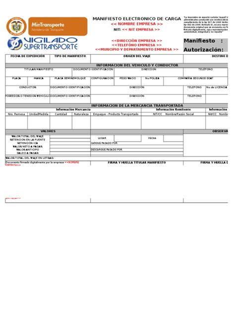 Formulario De Manifiesto De Carga Actualizado Septiembre 2023