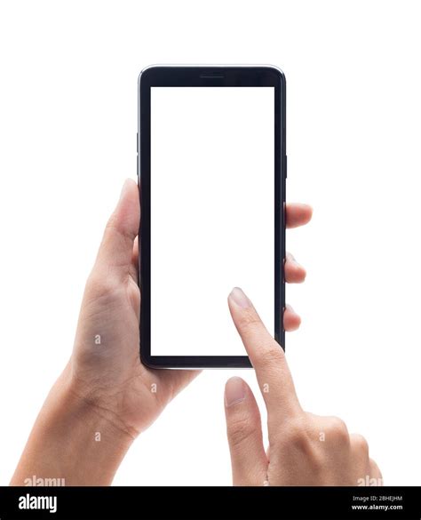 Woman Hand Holding The Black Smartphone And Touching On Blank Screen