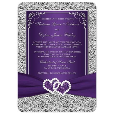 Photo Wedding Invitation Purple Silver Scrolls Faux Foil Printed Ribbon Joined Hearts