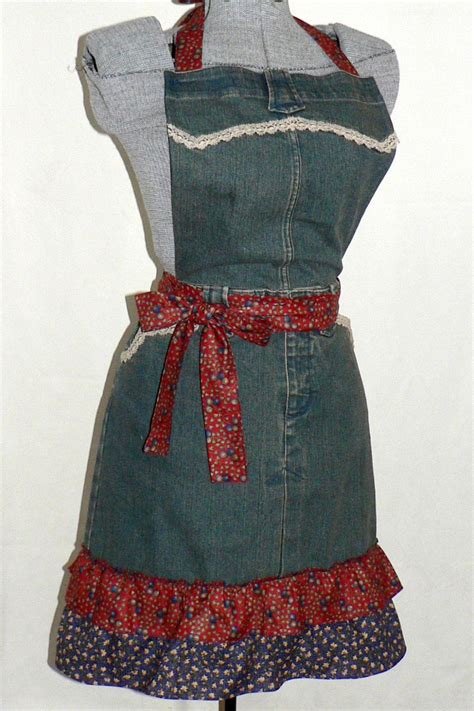 Upcycled Denim Apron Calico Ruffles Recycled Blue Etsy España Denim