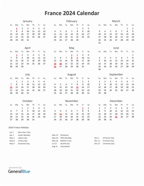 Basic Yearly Calendar With Holidays In France For 2024