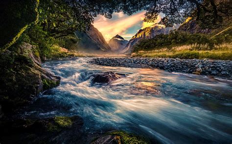 Nueva zelanda hermosa naturaleza puesta de sol río montañas