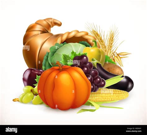 Horn Of Plenty Harvest Fruits And Vegetables Cornucopia 3d Vector