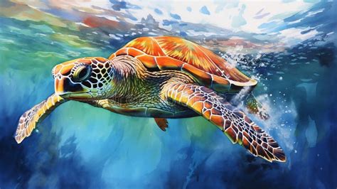 beautiful sea life  big sea turtle watercolor painting stock image