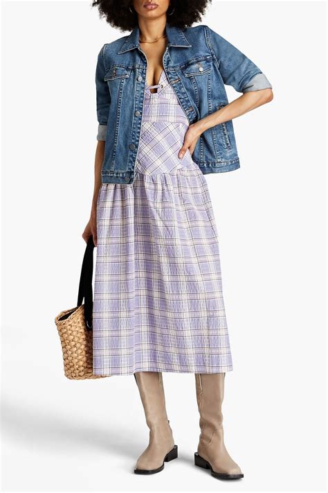 Ganni Gathered Checked Cotton Blend Seersucker Midi Dress The Outnet