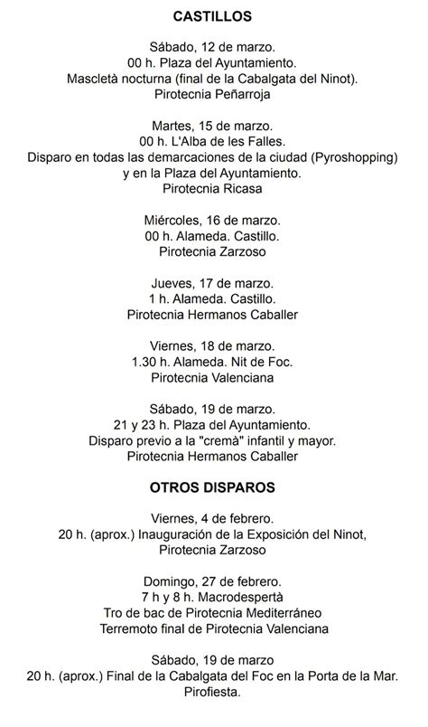 Calendario Pirot Cnico Fallas Castillos Mascletas Eventos Y