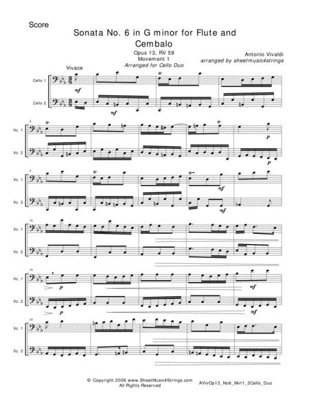 Vivaldi A Sonata No Mvt For Violin And Cello Sheet Music A