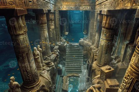 Eerie view of ancient submerged temple with hieroglyphics and statues ...