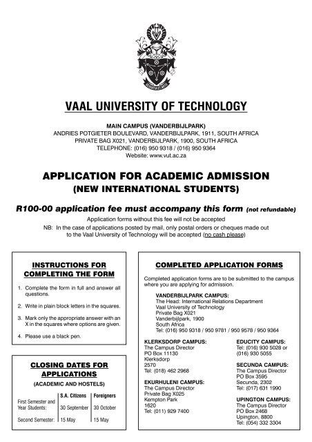 Application For Academic Admission Vaal University Of Technology