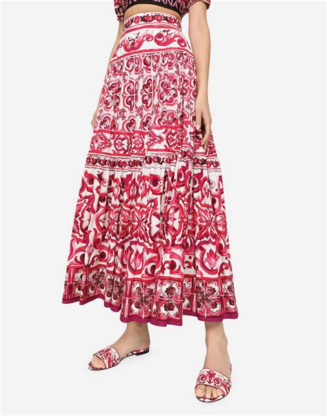 Long Majolica Print Poplin Skirt In Multicolor For Women Dolce