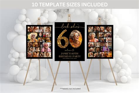 Look Whos 60 Collage Poster Template Set Black And Gold 60th Birthday Party Welcome Sign