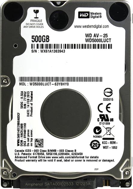 Накопитель HDD 2.5" SATA 500GB WD AV-25 5400rpm 16MB (WD5000LUCT ...
