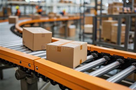 Cardboard Boxes On Conveyor Belt In Distribution Warehouse Stock Photo